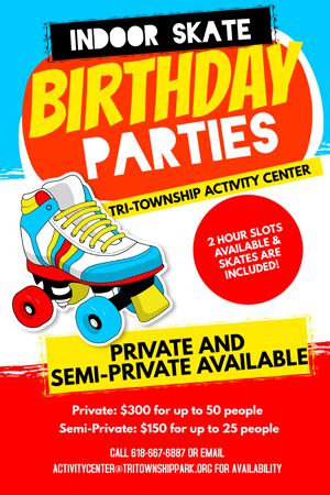 Indoor Skate Birthday Parties at the Activity Center in Tri-Township Park in Troy IL